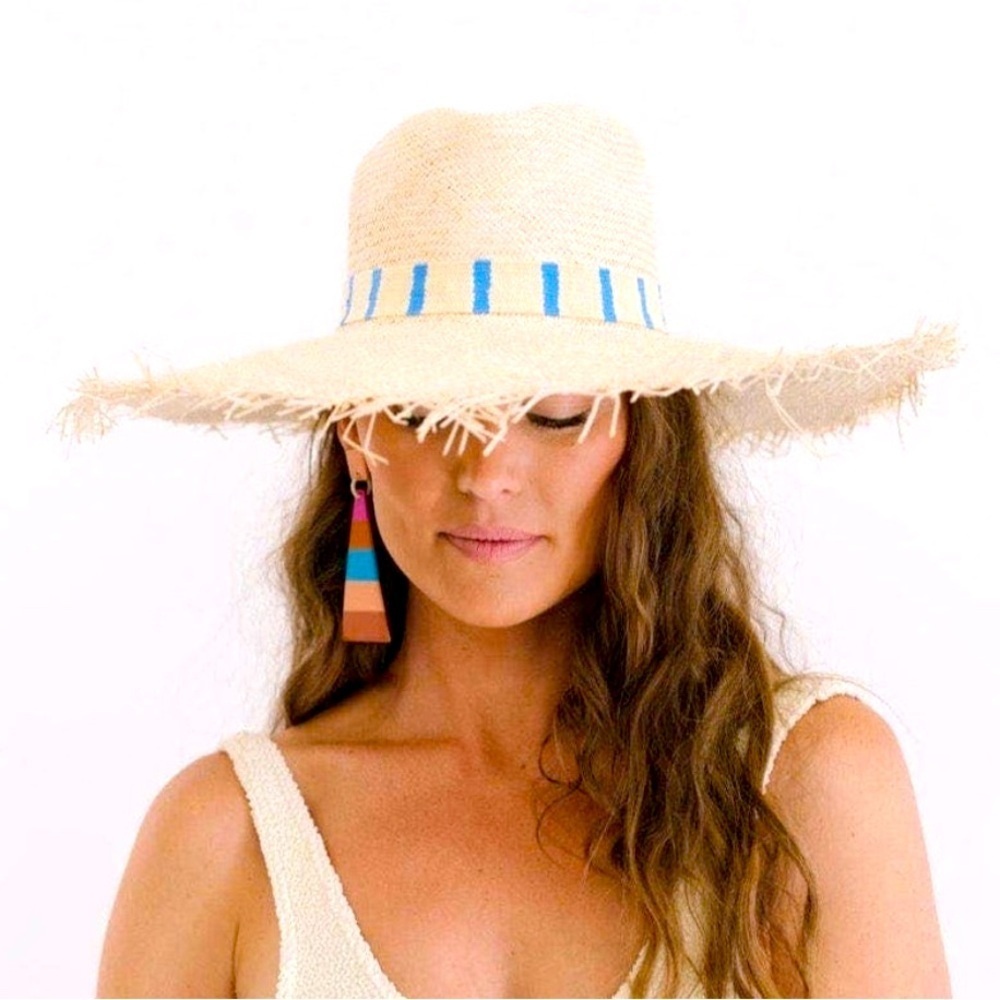 Wide-Brim Straw Sun Hat with Blue Stripe Detail